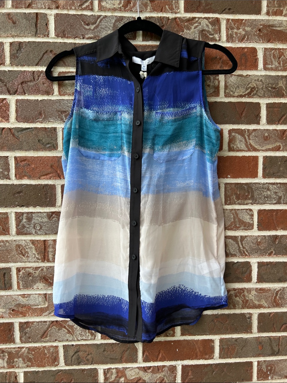 Sleeveless Button-Front Blouse in Blue, Teal and Cream Beach Vibes